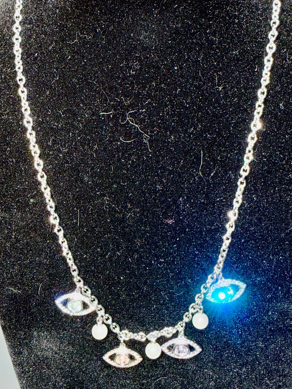 Kurt Geiger Silver Necklace with Evil Eye and White Accents NWT